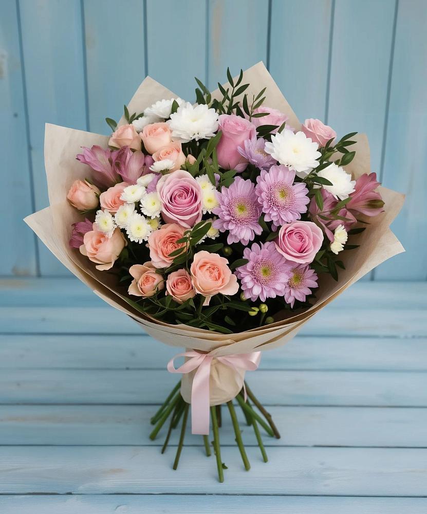 Букет цветов из: Хризантемы, Розы и Альстромерии в Лимане Ставропольского края