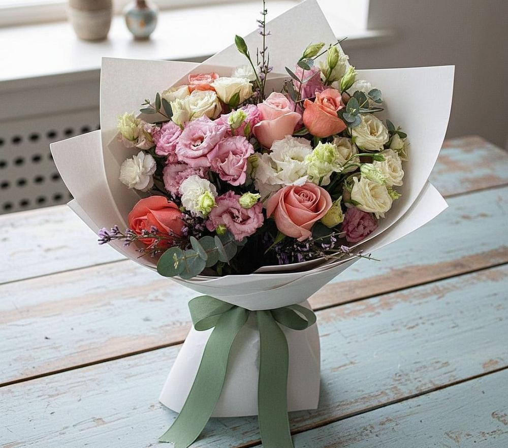 Букет цветов из: Розы, Лизиантусы и Гвоздики в Лимане Ставропольского края