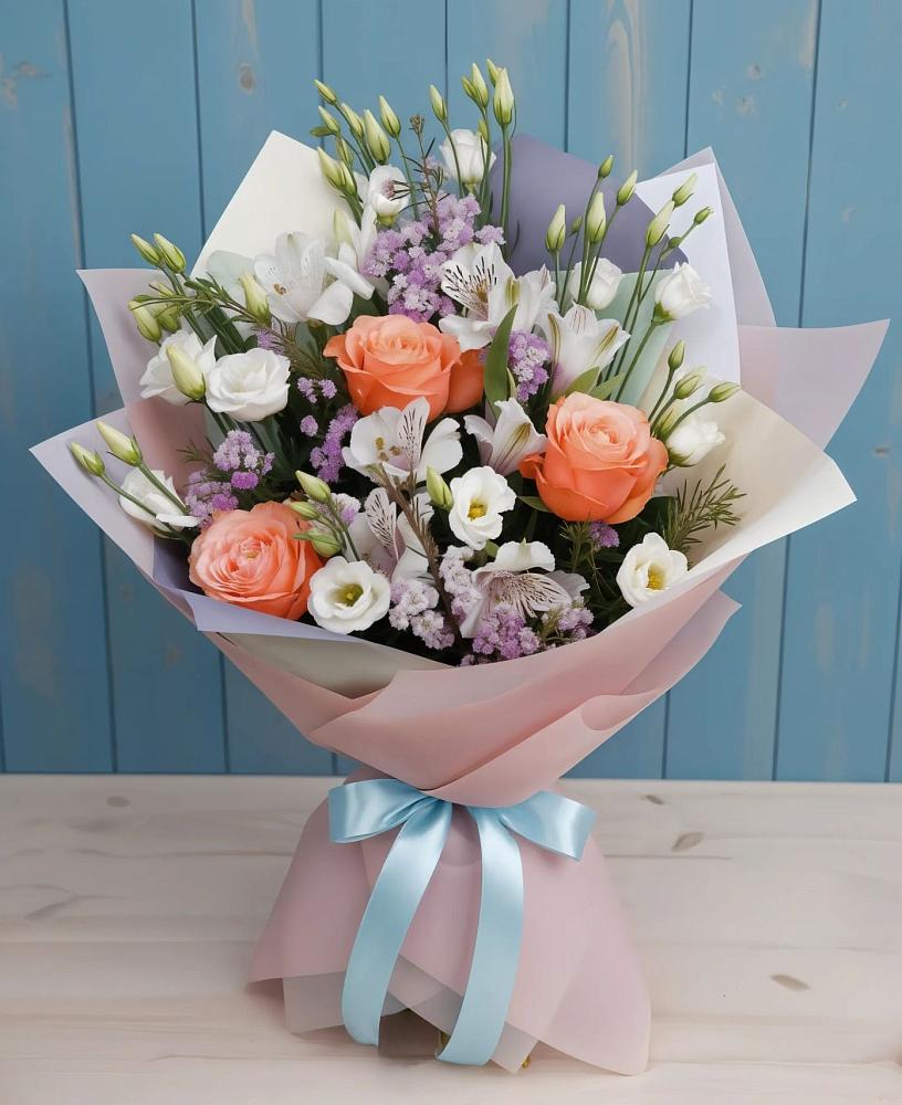 Букет цветов из: Лизиантусы, Розы, Альстромерии и Гипсофила в Лимане Ставропольского края