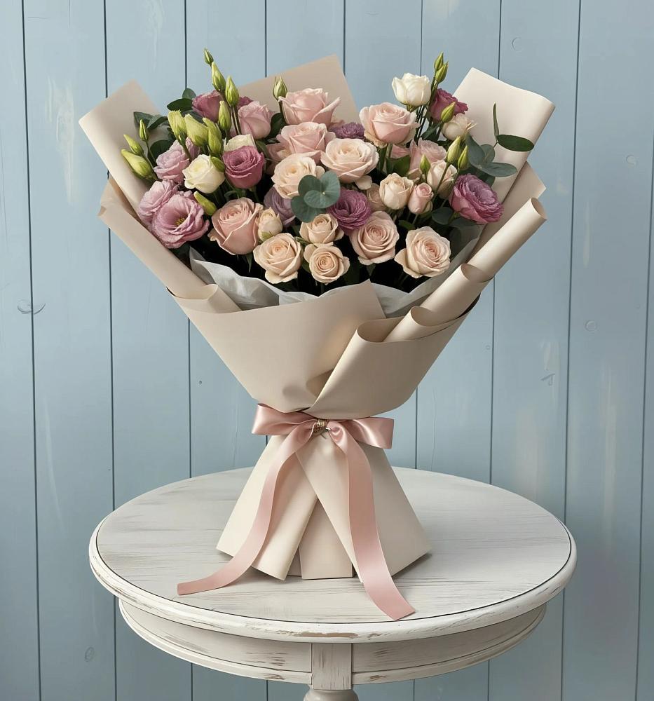 Букет цветов из: Розы и Лизиантусы в Лимане Ставропольского края