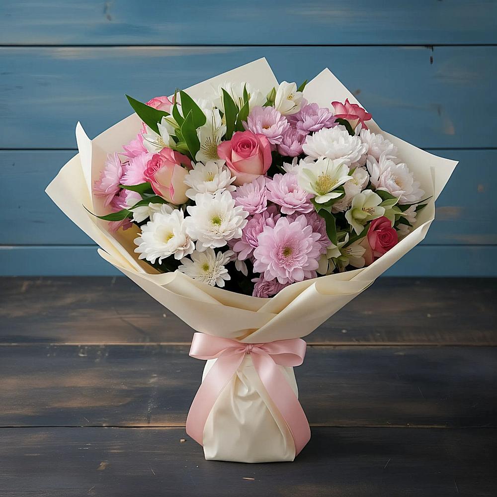 Букет цветов из: Хризантемы, Альстромерии и Розы в Лимане Ставропольского края